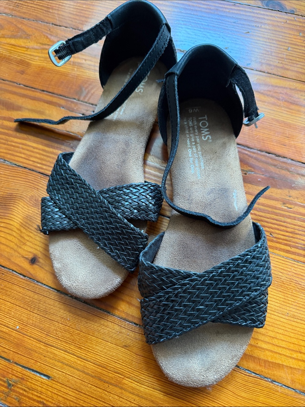Toms Black Woven Cross-Strap Ankle Buckle Sandals